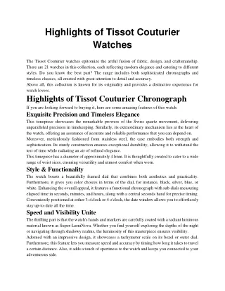 Highlights of Tissot CouturierTissot Couturier Watches