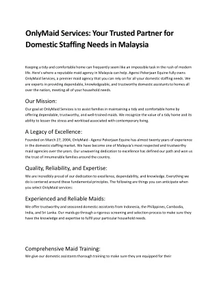 OnlyMaid Services: Your Trusted Partner for Domestic Staffing Needs in Malaysia