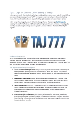 Taj777 Login ID- Get your Online Betting ID Today!