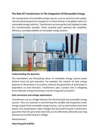 The Role Of Transformers In The Integration Of Renewable Energy