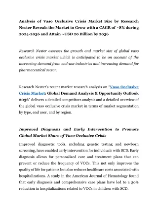 Vaso Occlusive Crisis Market: Global Demand Analysis & Opportunity Outlook 2036