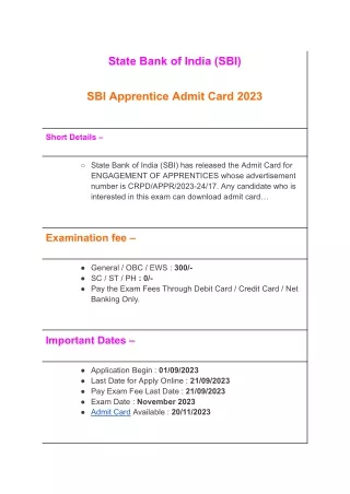 SBI Apprentice Admit Card 2023