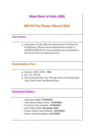 SBI PO Pre Phase I Result 2023