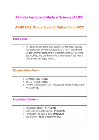 AIIMS CRE Group B and C Online Form 2023