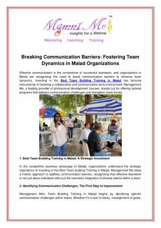 Breaking Communication Barriers Fostering Team Dynamics in Malad Organizations