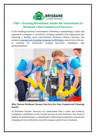Cleaning Revolution: Inside the Innovations of Brisbane's Best Commercial Clean