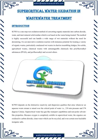 Supercritical Water Oxidation in Waste Water Treatment