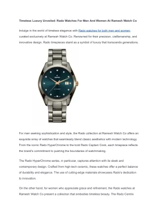 Timeless Luxury Unveiled Rado Watches For Men And Women At Ramesh Watch Co