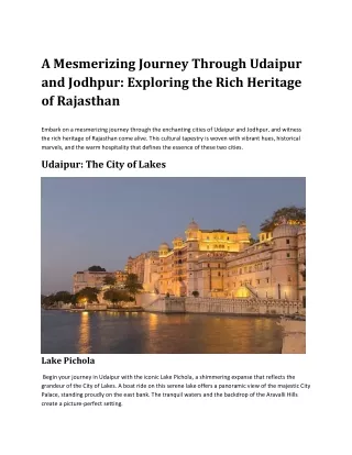 A Mesmerizing Journey Through Udaipur and Jodhpur