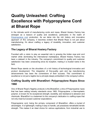 Quality Unleashed: Crafting Excellence with Polypropylene Cord at Bharat Rope