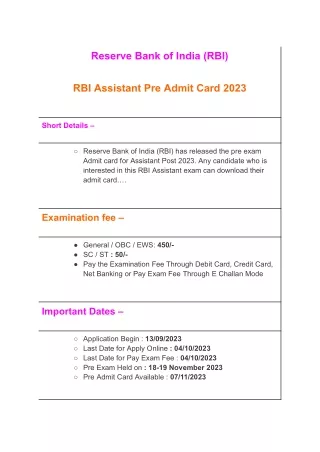 RBI Assistant Pre Admit Card 2023