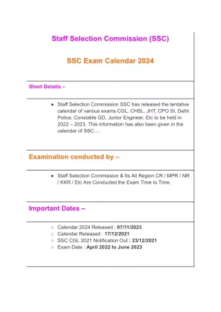 SSC Exam Calendar 2024