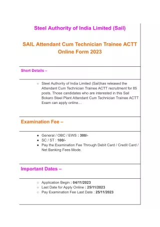 SAIL Attendant Cum Technician Trainee ACTT Online Form 2023