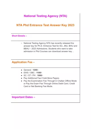 NTA Phd Entrance Test Answer Key 2023