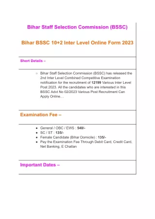 Bihar BSSC 10 2 Inter Level Online Form 2023