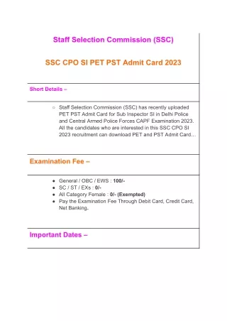 SSC CPO SI PET PST Admit Card 2023