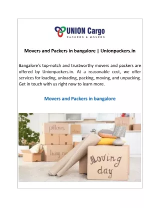 Movers and Packers in bangalore  Unionpackers.in