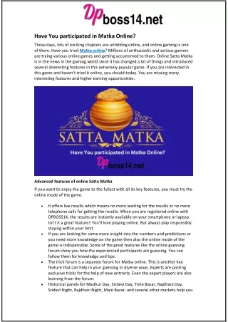 Have You participated in Matka Online?