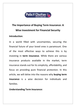 The Importance of Buying Term Insurance A Wise Investment for Financial Security