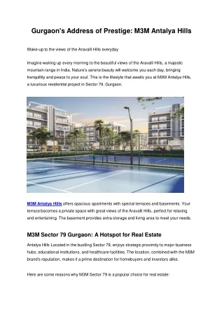 Gurgaon's Address of Prestige - M3M Antalya Hills