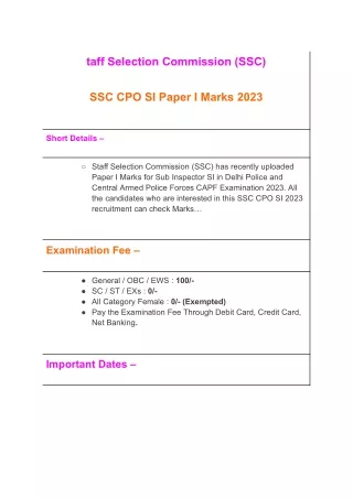 SSC CPO SI Paper I Marks 2023