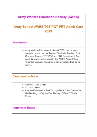 Army School AWES TGT PGT PRT Admit Card 2023