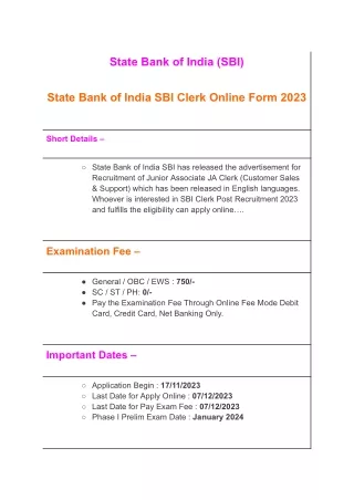 State Bank of India SBI Clerk Online Form 2023