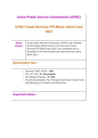 UPSC Forest Services IFS Mains Admit Card 2023