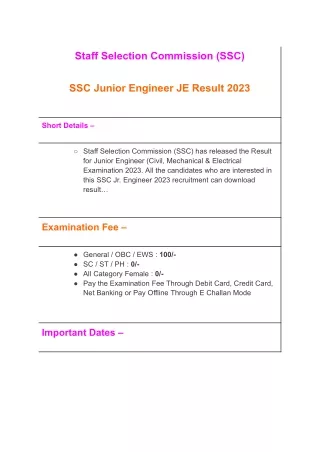 SSC Junior Engineer JE Result 2023