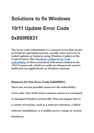 Solutions to fix Windows 10_11 Update Error Code 0x800f0831