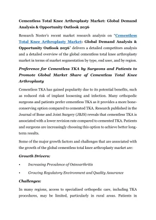 Cementless Total Knee Arthroplasty Market: Global Demand Analysis & Opportunity