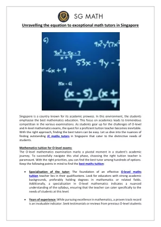 Unravelling the equation to exceptional math tutors in Singapore