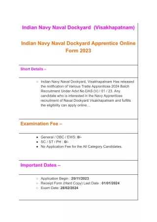 Indian Navy Naval Dockyard Apprentice Online Form 2023