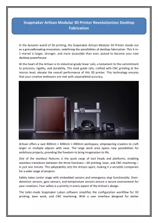 Snapmaker Artisan Modular 3D Printer Revolutionizes Desktop Fabrication