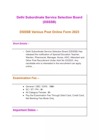 DSSSB Various Post Online Form 2023