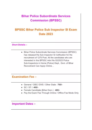 BPSSC Bihar Police Sub Inspector SI Exam Date 2023