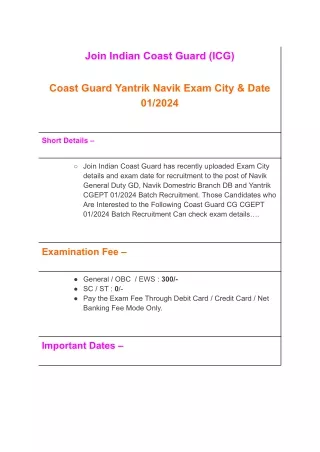 Coast Guard Yantrik Navik Exam City & Date 01/2024