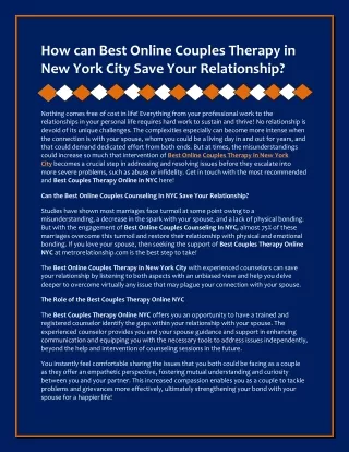 Online Couples Counseling In New York City