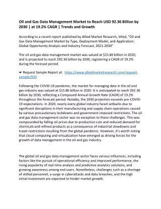 Oil and Gas Data Management Market to Reach USD 92.36 Billion by 2030 | at 19.2%