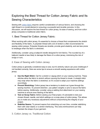 Exploring the Best Thread for Cotton Jersey Fabric and Its Sewing Characteristics