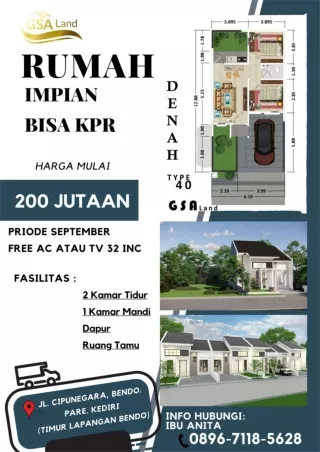 KPR, 0896-7118-5628 diJual Rumah Harga 200 Jutaan Kediri GSA Land