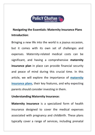 Navigating the Essentials: Maternity Insurance Plans