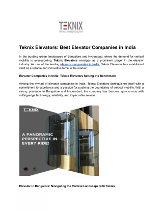 Teknix Elevators: Best Elevator Companies in India