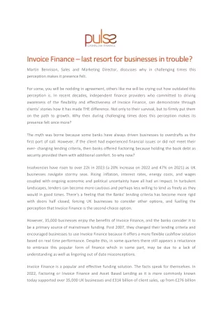 Invoice Finance – last resort for businesses in trouble - Pulse Cashflow Finance