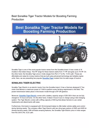 Best Sonalika Tiger Tractor Models for Boosting Farming Production