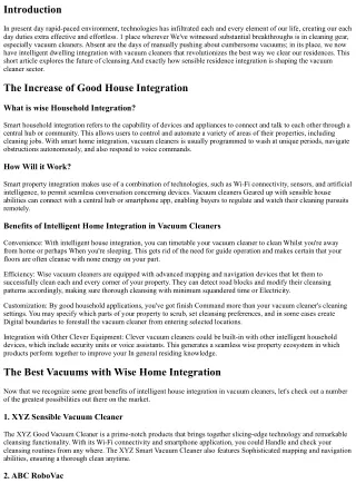 The way forward for Cleansing: Smart House Integration with Vacuum Cleaners