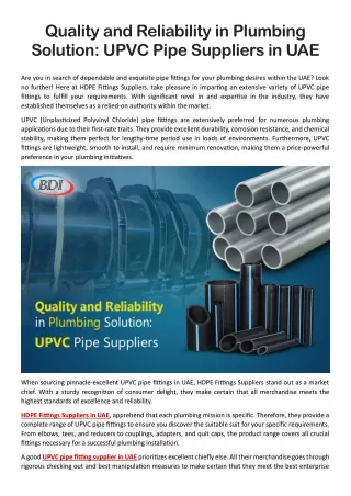 Quality and Reliability in Plumbing Solution- UPVC Pipe Suppliers in UAE