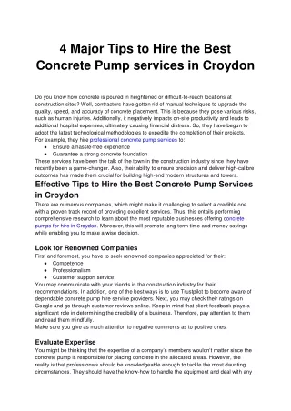 4 Major Tips to Hire the Best Concrete Pump for Hire Services in Croydon