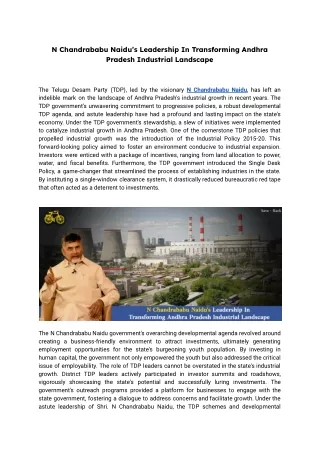 N Chandrababu Naidu’s Leadership In Transforming Andhra Pradesh Industrial Lands