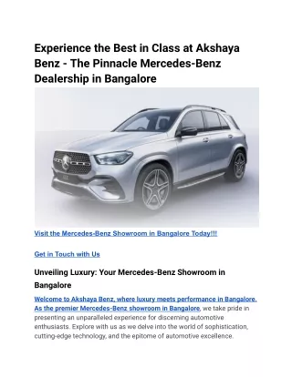 Experience the Best in Class at Akshaya Benz - The Pinnacle Mercedes-Benz Dealership in Bangalore